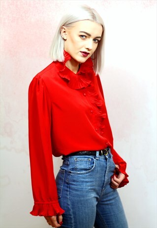 1980S VINTAGE RED RUFFLE COLLAR BUTTON UP BLOUSE