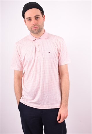 TOMMY HILFIGER MENS VINTAGE POLO SHIRT MEDIUM PINK CHECK 90S