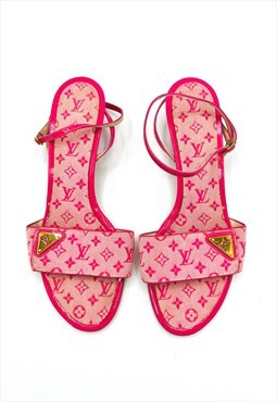 Louis Vuitton Kitten Heels Pink LV Logo Monogram Sandals 38