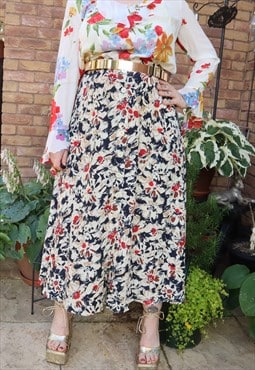 Vintage 90s Beige Cottage Floral Flower Festival Maxi Skirt