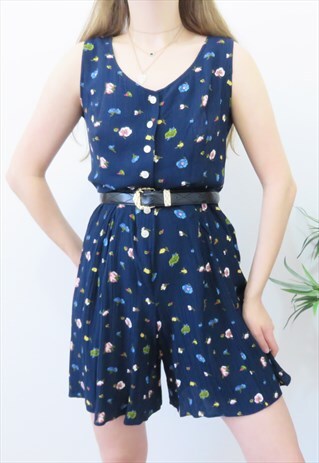 CUTE 90S VINTAGE NAVY MULTICOLOURED FLORAL PLAYSUIT