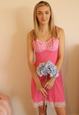 VINTAGE NIGHTDRESS PINK WHITE FLORAL LACE BRIDAL SLIP DRESS