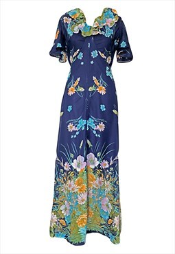 Midnight blue Floral 1970s Vintage Chiffon Maxi Dress 10 