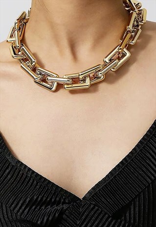 14" 40MM CHUNKY GEOMETRIC OVAL NECKLACE CHAIN - GOLD