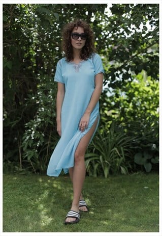 VINTAGE 90'S CORAL BLUE INDIAN TUNIC DRESS