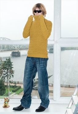 Y2K Vintage wavy knit turtleneck jumper in mustard yellow