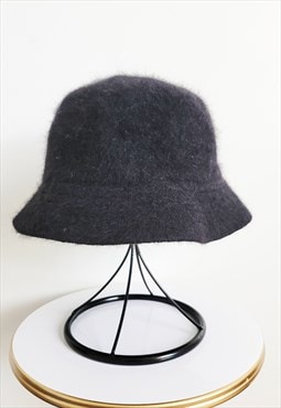 Vintage Wool Angora Bucket Hat, Black Fluffy Bucket Hat