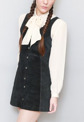 VINTAGE 1970'S JET BLACK SUEDE BUTTON FRONT MINI DRESS