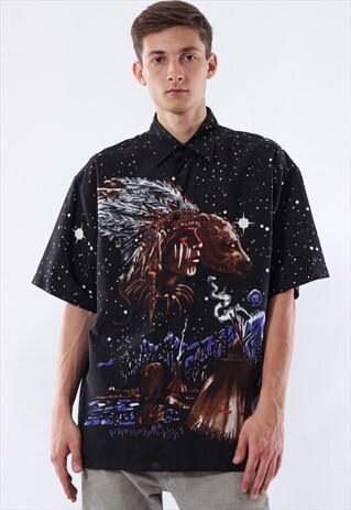 VINTAGE HAWAIIAN 90S BLACK ALOHA INDIANS AND BEAR PATTERNED