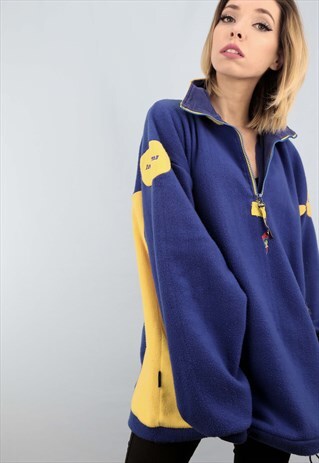 VINTAGE 90S OVERSIZED 1/4 ZIP FLEECE BLUE YELLOW