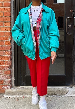 VINTAGE 90S OVERSIZED TEAL PLAID LINED JACKET