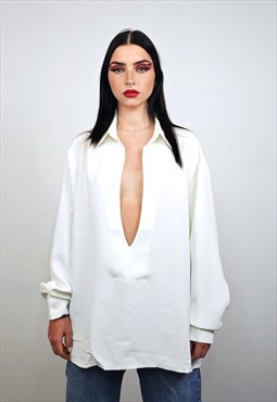 Deep V neck shirt cut-out chest blouse open front top white