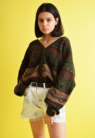 80'S RETRO OVERSIZED ABSTRACT PRINT SLOUCHY KNIT CARDIGAN