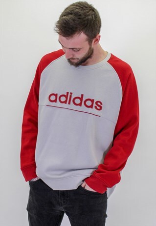 VINTAGE ADIDAS SPELL OUT SWEATER IN RED AND GREY
