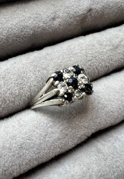 Vintage Silver Ring square Black Sapphire & clear stone