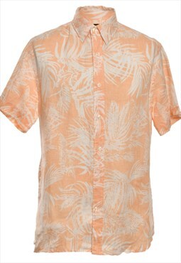 Coral & White Leafy Print Perry Ellis Printed Hawaiian Shirt