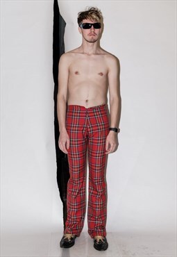 90's Vintage smart fit tartan punk flare trousers in red