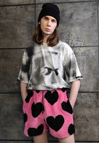 HEART PRINT FLEECE SHORTS HANDMADE HEART EMOJI OVERALLS PINK