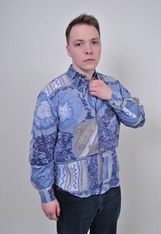 80S ABSTRACT LONG SLEEVE SHIRT, VINTAGE MULTICOLOR BUTTON UP