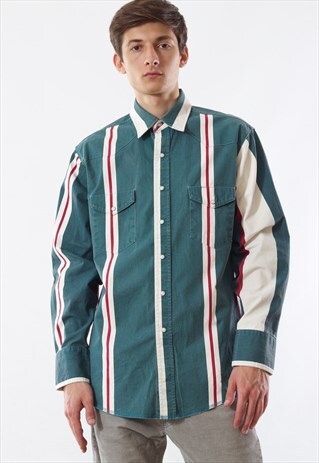VINTAGE WRANGLER 90S GREEN WHITE RED STRIPED LONG SLEEVE