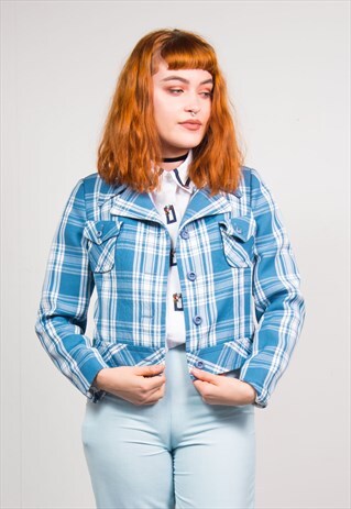VINTAGE 70'S BLUE CHECKED CROPPED JACKET BLAZER