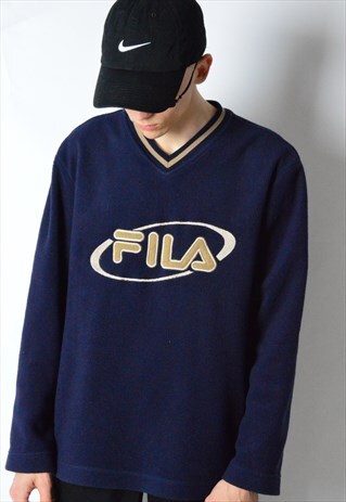VINTAGE 90S NAVY BLUE EMBROIDERED FILA FLEECE JUMPER