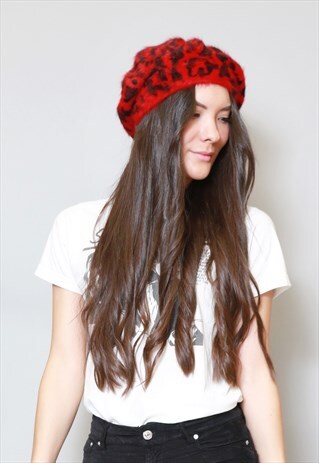 VINTAGE STYLE SOFT RED & BLACK LEOPARD PRINT WOOL BERET