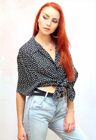 1990S VINTAGE MONOCHROME FLORAL VISCOSE BLOUSE