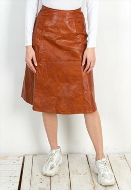 Vintage Women 70's S Leather Midi Skirt High Waist Brown