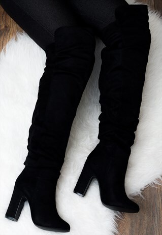 ALLIGOTA WIDE CALF BLOCK HEEL OVER KNEE TALL BOOTS - BLACK