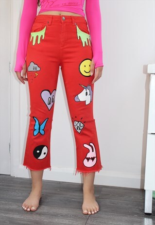 UPCYLED HAND PAINTED STRETCHY RED JEANS