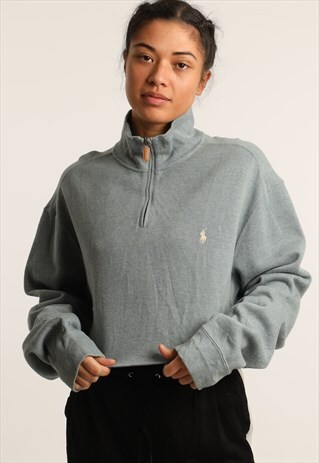 VINTAGE RALPH LAUREN EMBROIDERED 1/4 ZIP CROPPED SWEATSHIRT