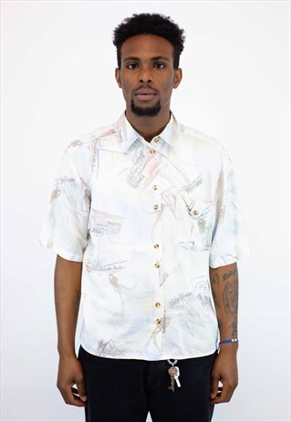 VINTAGE ABSTRACT PATTERN SHIRT IN WHITE, SIZE M