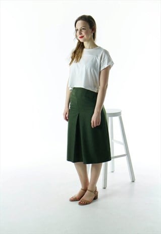 WOOL GREEN PLEATED SKIRT / RETRO WOOL HIGH WAISTED SKIRT