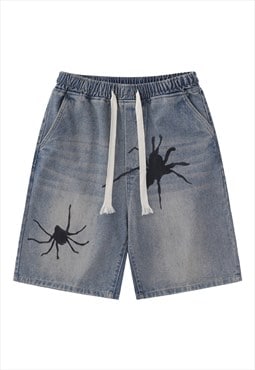 Spider print denim shorts cropped skater jean pants in blue