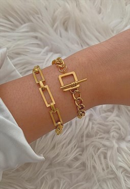 Gold T Bar Toggle and Link Chain Bracelet Set