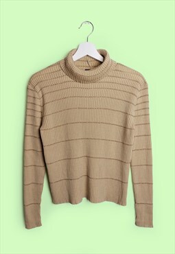 90's Beige Gold Stripes Ribbed Knit Turtleneck Sweater