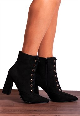 Black Lace Ups Eyelet Ankle Boots High Heels