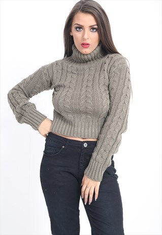 KHAKI POLO HIGH NECK KNITTED CROP TOP