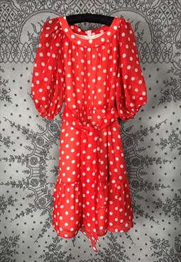 70's Red White Polka Dot Bell Sleeve Tiered Vintage Dress