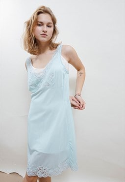 Vintage 60s Flowy Pastel Blue Lace Trim Mini Slip Dress S
