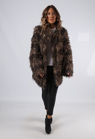FAUX FUR COAT JACKET VINTAGE SHAGGY UK 14 (C9EV)