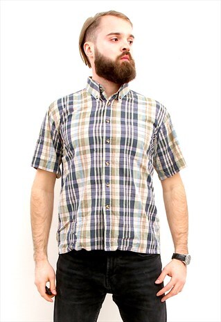 70'S CHECKERED SHORT SLEEVE SHIRT TARTAN DAD'S SUMMER SHIRT