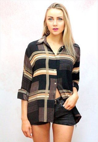 1990S VINTAGE BROWN VISCOSE STRIPE OVERSIZED SHIRT