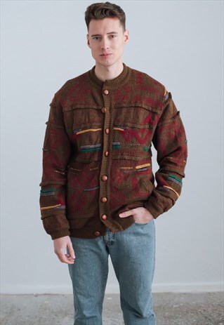 VINTAGE 80S LINED BROWN CRAZY PATTERN CARDIGAN JACKET XL