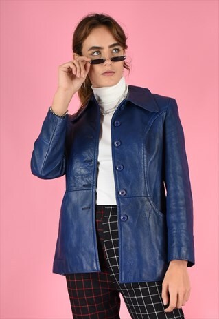 VINTAGE 70S BLUE LEATHER TRENCH JACKET