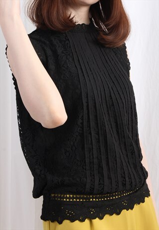 (KOREAN) FLORAL LACE VEST BLACK
