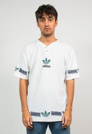 VINTAGE ADIDAS T-SHIRT TEXTURED BUTTON NECK HENLEY