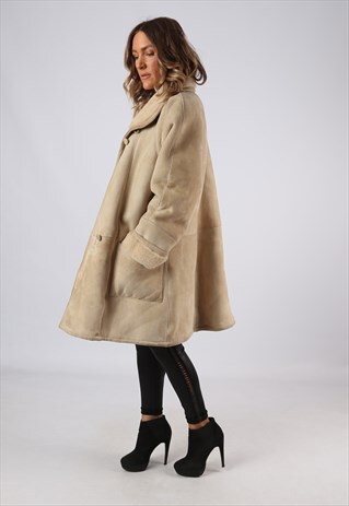 SHEEPSKIN LEATHER SHEARLING COAT UK 16 - 18 (B9DG)