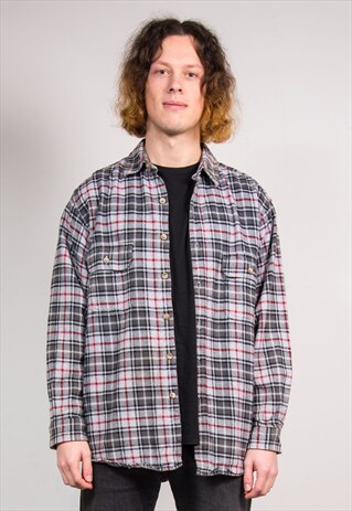 90'S VINTAGE GREY CHECK PATTERN GRUNGE FLANNEL SHIRT
